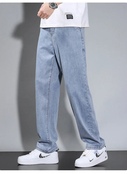 Summer Thin Men's Straight Loose Gray Jeans Soft Fabric Lyocell Fabric Light Colored Casual Pants Male Brand Trousers