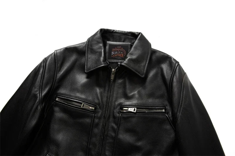 Pure Top Layer Cowhide Genuine Leather Jacket Men's Slim Fit  Lapel Motorcycle Jackets Classical Black Zipper Leather Coat