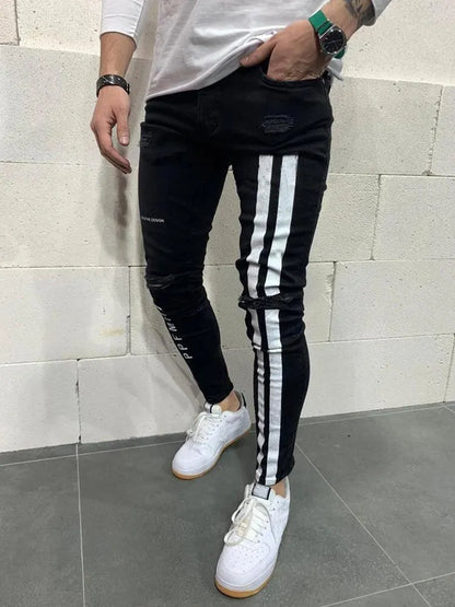 Street Jeans Men stripes Printing Denim Pants Wash Solid Color Casual Mid Waist Trousers Elastic Slim Fit Daily Wear Joggers