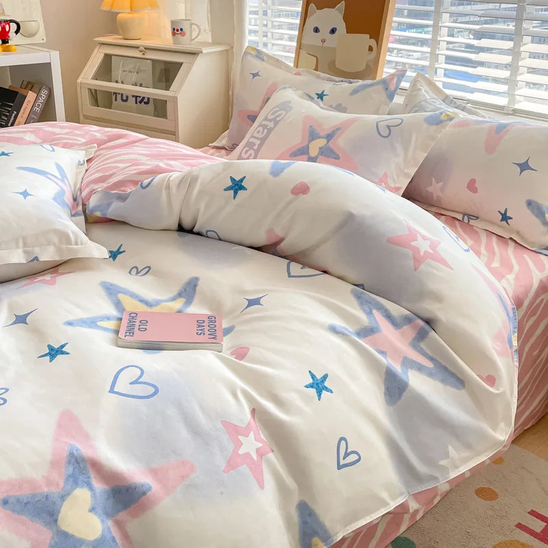 Cute Home Comforter Bedding Sets Washed Cotton Duvet Cover Flat Bed Sheet Set Twin Full Queen King Size Bed For Girls Couple