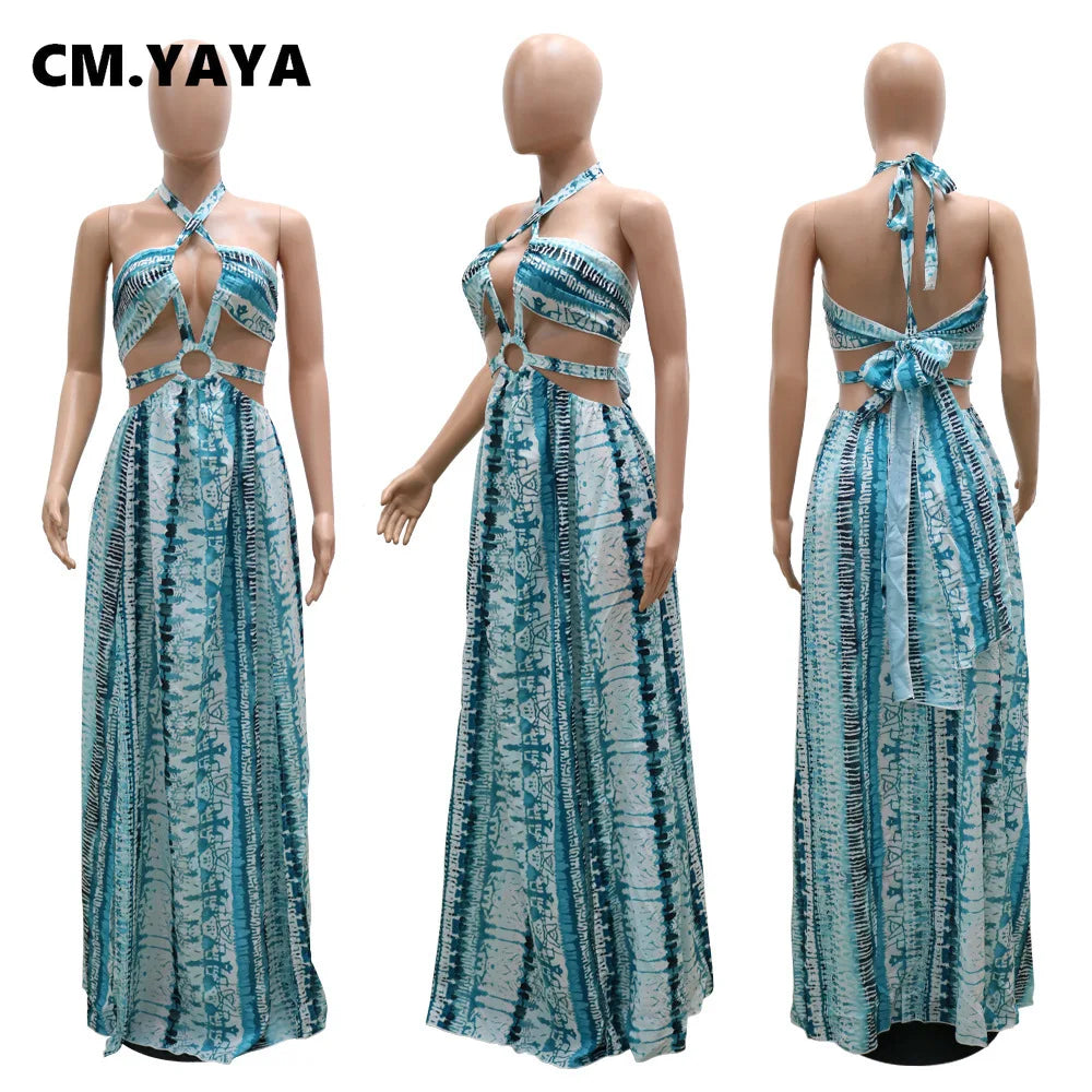 CM.YAYA Women Long Dress Print Sleeveless Halter Bandage Hollow Out Splited Maxi Dresses Sexy Night Party Vestidos Summer Outfit