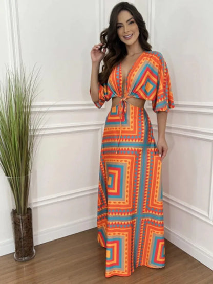 Sexy Printed Long Dresses Deep V-neck Women Hollow Out Lace-up Bat Half Sleeve Vacation Dress Spring Summer New Bohemian Style