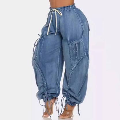 DEAT Women's High Elastic Waist Jeans Drawstring Bandage Design 2024 Autumn Fashion Loose Straight Wide Leg Denim Pants 11A0731