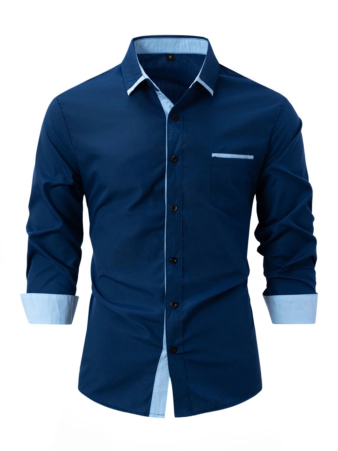 Men's Slim-Fit Casual Shirt Trendy Solid Color Long Sleeve Business Lapel Cotton Shirt with Pocket for Spring Autumn