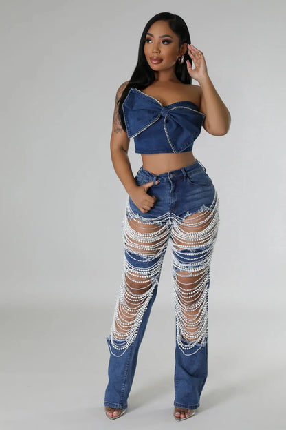 Spice Girl Summer Pants Ripped Heavy Industry Beaded Elastic Jeans Trousers Women JEANS