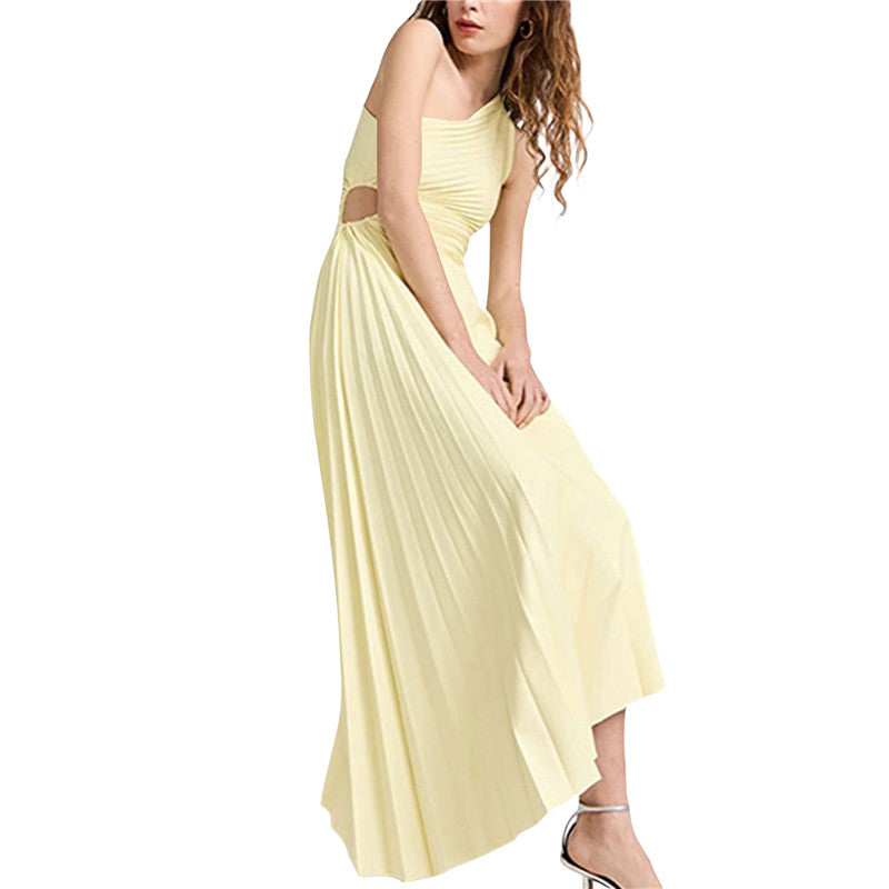 Women Elegant Long Dress Summer Sleeveless One-shoulder Pleated Hollowed Irregular Dress for Cocktail Party Beach Sundress Y2K