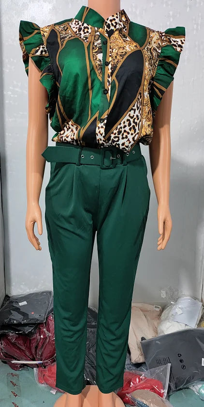 Womens Two Piece Sets Outfit Geometric Print Flutter Sleeve Top & Pants Set with Belt New Fashion 2023 Summer Casua Suit