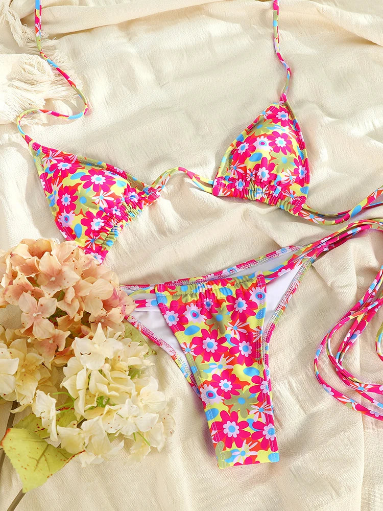 ZRTAK Push Up Swimwear Print Bikinis Sexy Swimsuit Bikini Sets Women Bathing Suit Micro Thong Biquinis Halter Beachwear