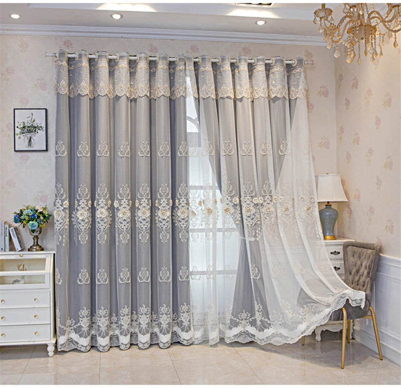 Embossed 3D Embroidered Luxury Double Layer Curtains for Living Room Bedroom Dining Elegant High Shading Coffe Windows Drapes