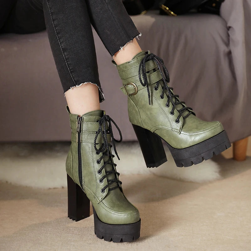 Fashion Platform Women Boots Square High Heel Ankle Boots Lace Up Zipper Motorcycle boots Autumn Winter Plush Ladies Shoes