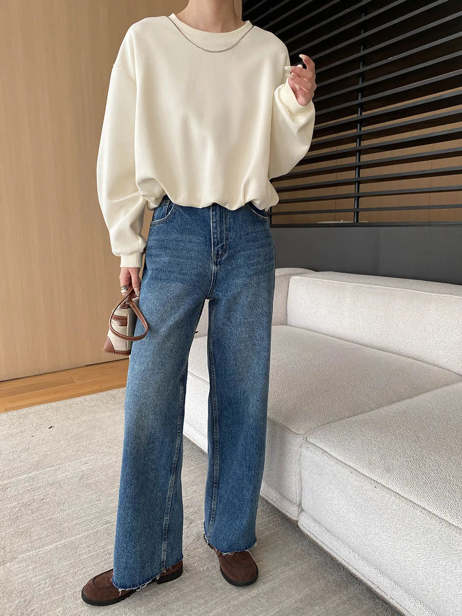 [LANMREM] Rough Edge Design Jeans Women High Waist Straight Wide Leg Denim Trousers Office Lady Clothing 2025 Autumn New 26C168