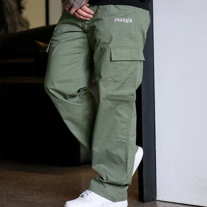 YOUNGLA new large pocket cargo pants men's autumn splicing solid color casual sports loose straight leg pants