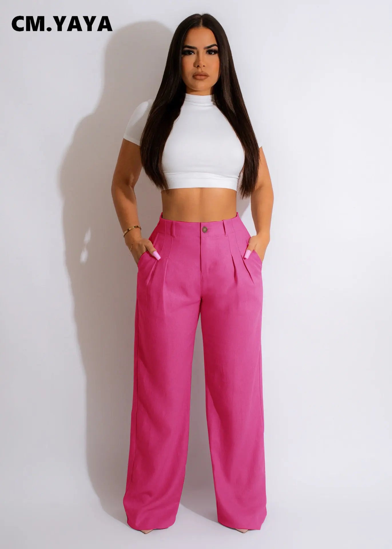 CM.YAYA Fashion Women Straight Wide Leg Zipper Fly Draped High Waist Tailored Trousers 2023 Summer OL Work Street Pants