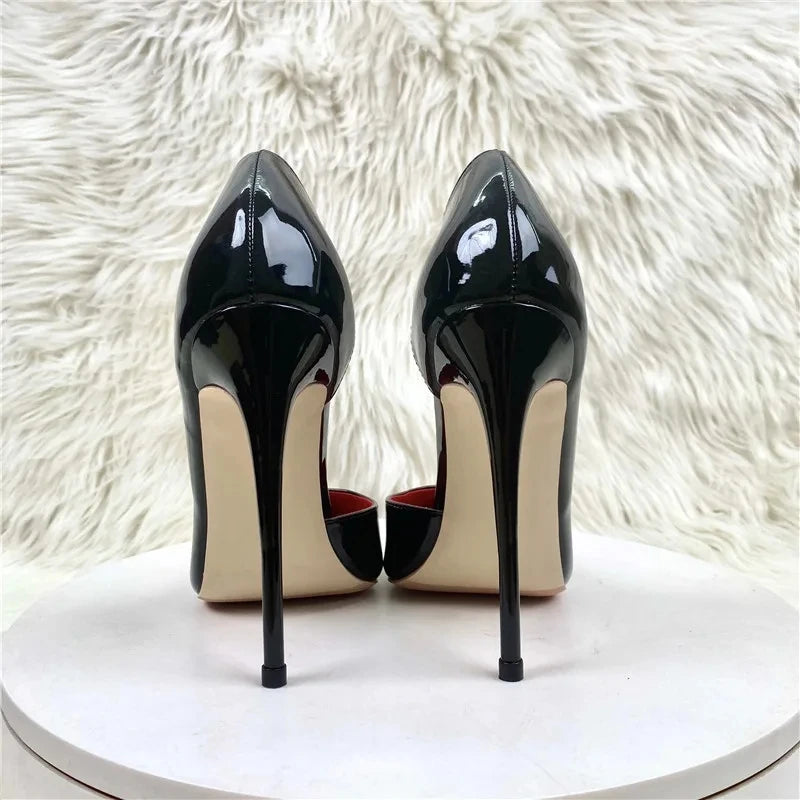 Fashion New Trend Female Pumps Black Leather Side Empty Pointed Toe Female High Heel Sexy Party Shoes Ladies Dress Stiletto Pump