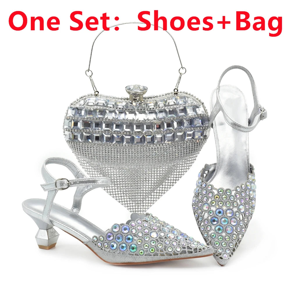 Italian Shoes and Bags Matching Set 2024 Rhinestones African Peep Toe Women High Heel Evening Party Pumps Wedding Shoes Bride