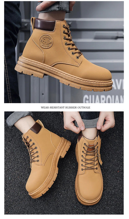 Men's Boots Autumn New High Top Workwear Boots British Style Korean Version Thick Soled Lace Up Anti Slip Warm Waterproof Boots