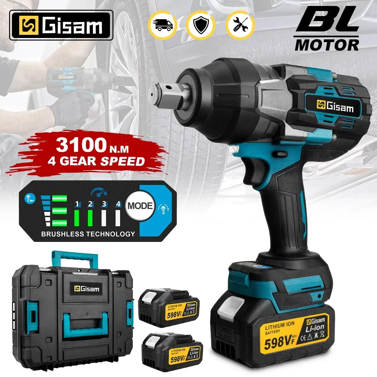 Gisam 3100NM Brushless Electric Wrench 3/4" Socket Cordless Wrench Screwdriver Car Repair Power Tool for Makita 18V Battery