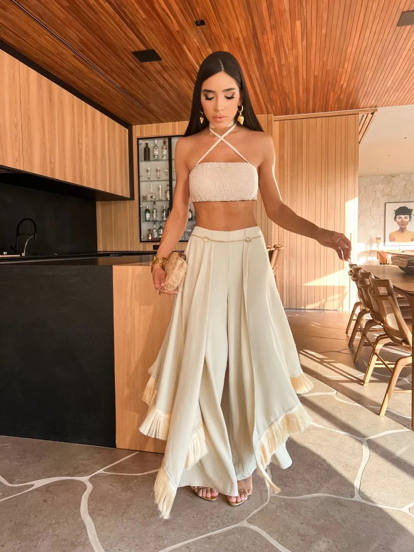 2025 New Sexy Tassel Two Piece Set With Pants Summer Women White Tube Top with Mesh Halter Pants Suit Female