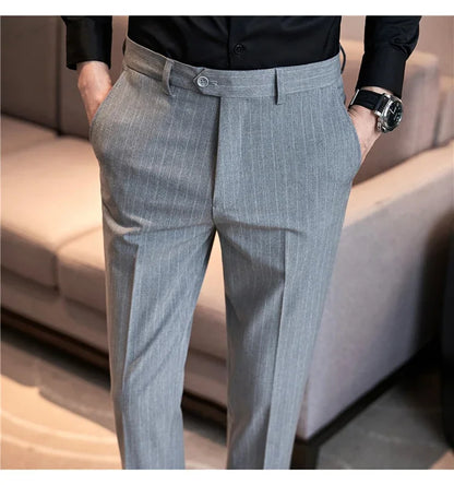 Men Boutique Black Striped Suits Pants Male Formal Wear Wedding Dress Trousers Quality British Style Business Casual Suit Pants