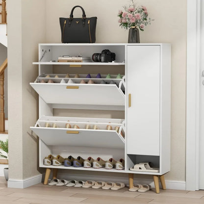 Shoe Rack Cabinet, Free Standing Shoes Storage Organizer Cabinet with 2 Flip Drawers, Entryway Narrow Shoe Rack Storage