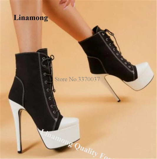 White-black High Platform Short Boots Linamong Western Style Round Toe Lace-up Stiletto Heel Ankle Booties Sexy Casual High Heel