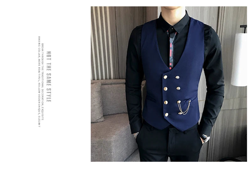 2025 Latest Style Double Breasted Men Suit Vest Gold Button Slim Fit Formal Groom Wedding Vest Streetwear Sleeveless Vest Jacket