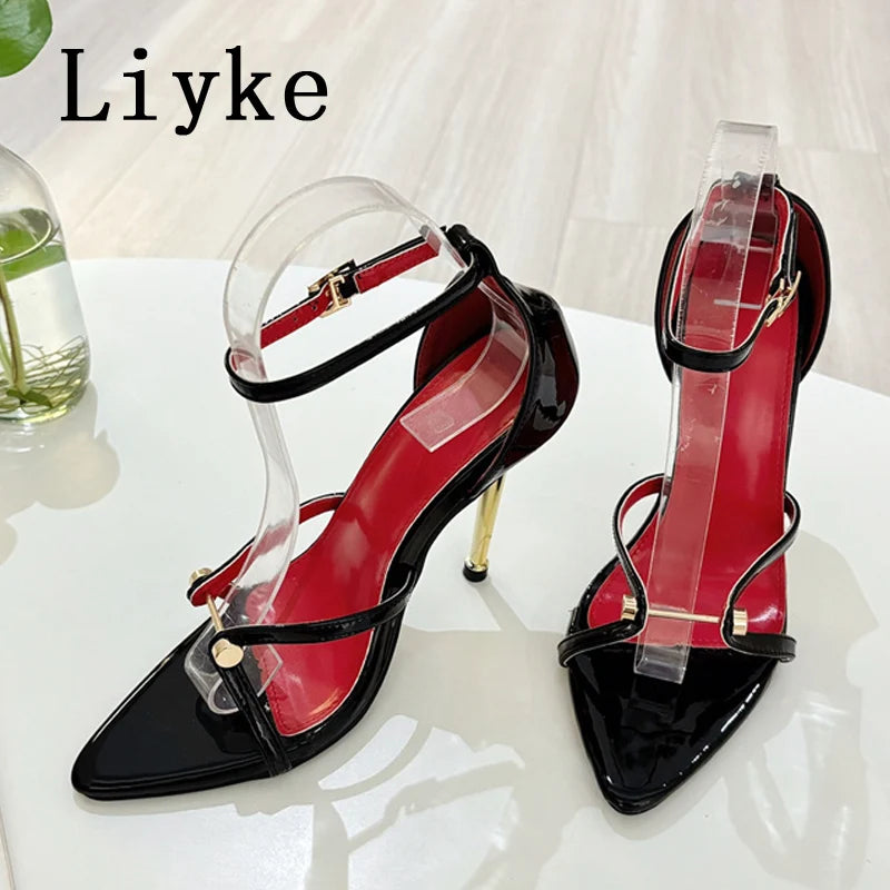 Liyke Fashion Design Metal Decoration Narrow Band Women Sandal High Heels Sexy Pointed Open Toe Wedding Banquet Shoes Size 35-41