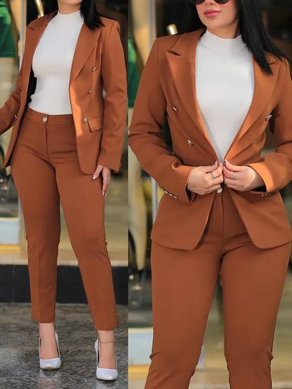 Elegant Office Lady Two Piece Sets New Autumn Winter Women Fashion Notched Neck Long Sleeve Blazer & High Waist Work Pants Suit