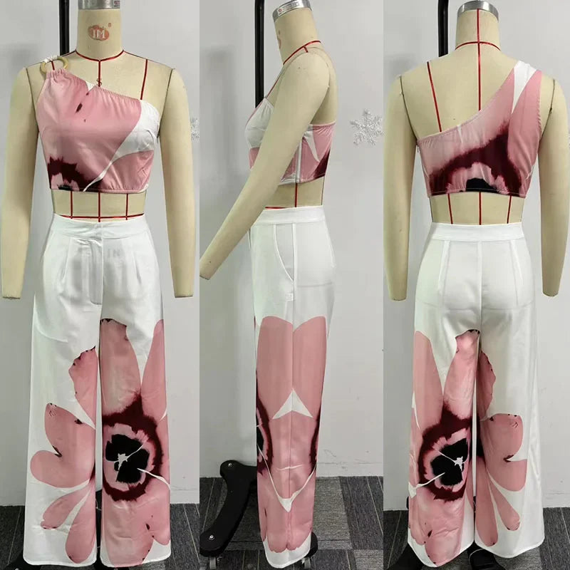 Floral Print Summer Two Piece Set Women Holiday One Shoulder Crop Top and Loose Wide Leg Pants Matching Sets Outfits Vacation