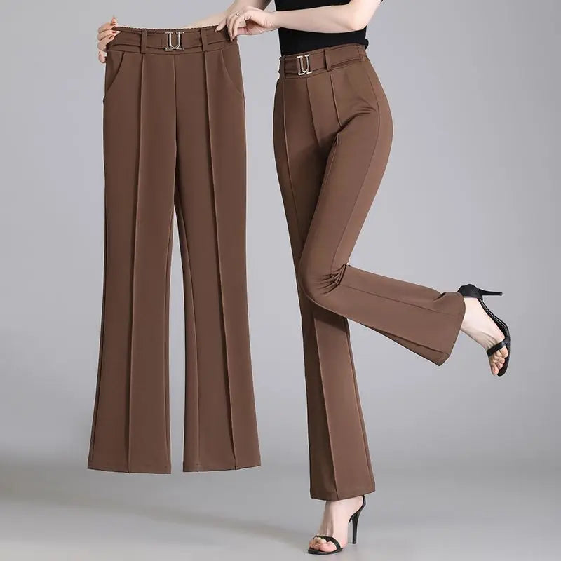 Summer Fashion Elegant Solid Color Commute High Waist Pants Office Lady Casual Elastic Spliced Flare Trousers Women's Clothing