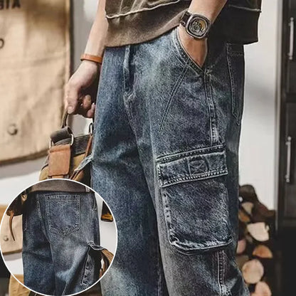 Men's Fashion Multi Pockets Design Cargo Trousers American Vintage Wide Leg Denim Pants Trend Cool Style Streetwear Jeans Male