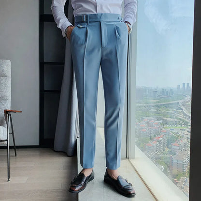 British Style New Solid High Waist Suit Pant Men Business Formal Wear Trousers 2024 High Quality Slim Casual Office Suit Pants