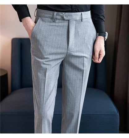 Autumn Winter Thickened Striped Suit Pant Men Business Slim Fit Long Pants Formal Office Social Party Casual Pants Streetwear