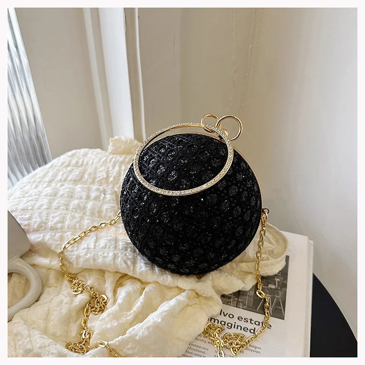 Sparkly Round Evening Purses for Women Shiny Diamonds Handbag Unusual Party Mini Small Bags Fashion Luxury Shoulder Bag Woman