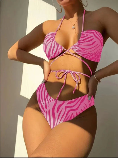 3pack Zebra Stripe Bikini Women Lace Up Swimsuit Beach Skirt 2025 Swimwear Female Padded Bathing Suit Swimming Beachwear Summer