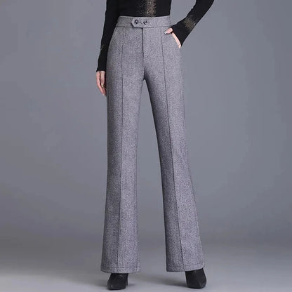 2024 Autumn Winter Women's Woolen Pants New Fashion High Waist Elastic Micro Flare Pants Slim Female Casual Wool Trousers 4XL