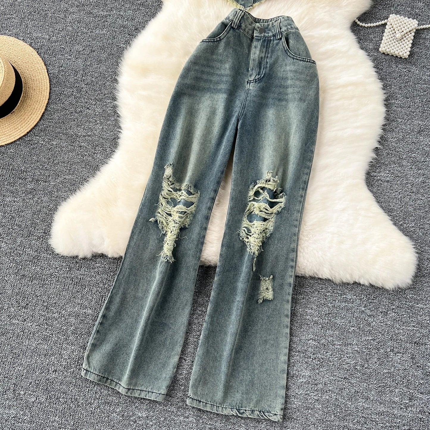 SINGREINY American Hot Girl Denim Suits Strapless Single Tassels Mini Irregular Tops+Holes Long Jeans Female INS Streetwear Sets