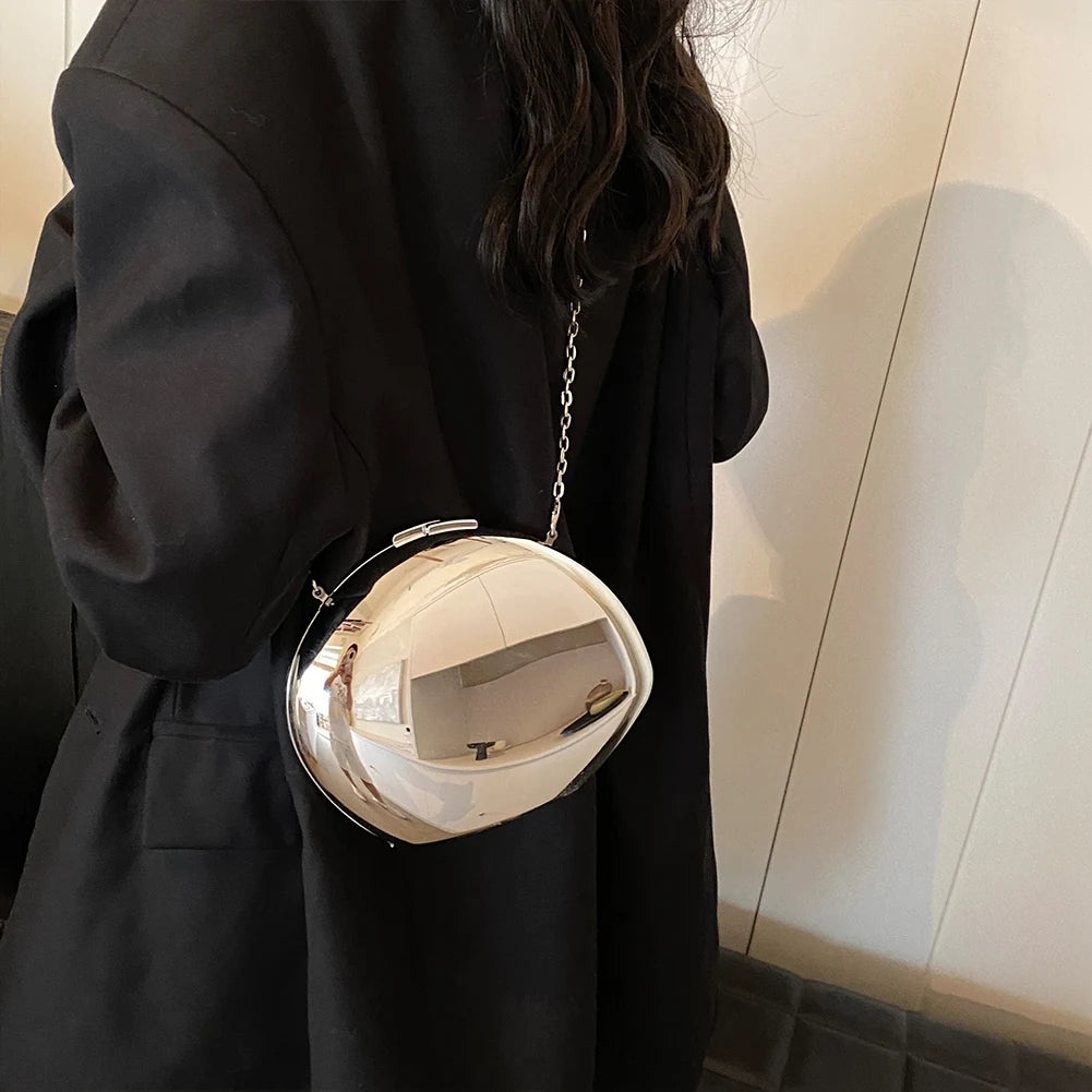 Women Metal Evening Bag with Chain Shoulder Bag Reflective Oval Shaped for Wedding Cocktail Prom Small Party Night Purses