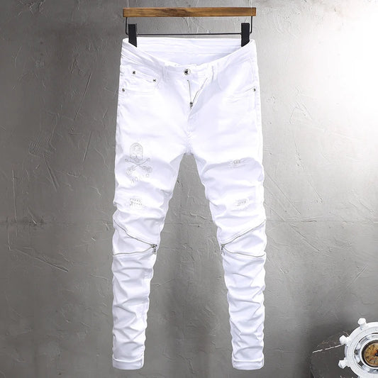 Street Fashion Men Jeans White Stretch Skinny Fit Zipper Patched Ripped Jeans Men Skull Beading Designer Hip Hop Denim Pants