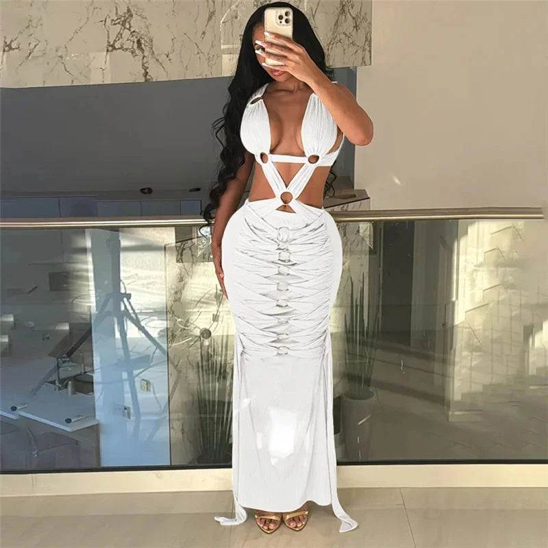 Sexy Hollow Out Backless Bandage Maxi Dress Chic Y2K Backless Sleeveless Stretch Robe Luxury Beach Party Bodycon Evening Dress