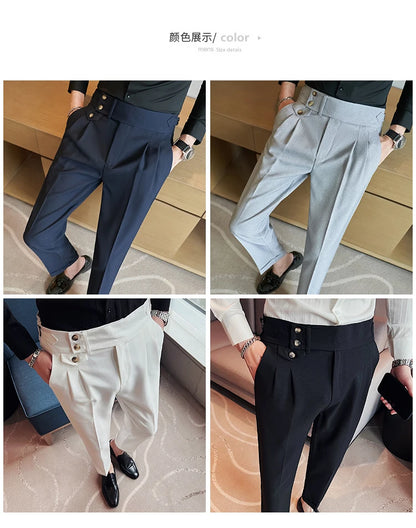 British Style Pants Men High Waist Belt Design Casual Slim Formal Office Dress Pant Men Social Wedding Party Dress Suit Trousers