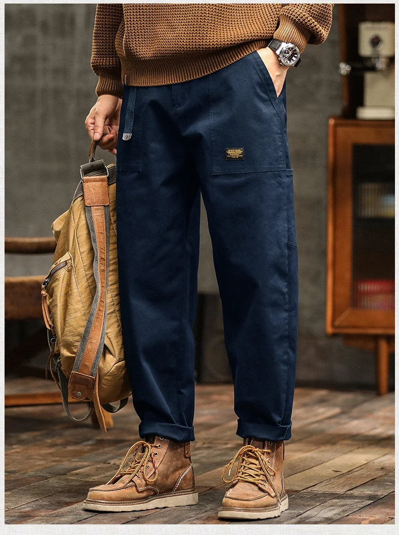 HIQOR Mens Clothing Spring Autumn Cargo Pants Man Cotton Casual Loose Trouser Belt Mid Waist Joggers Male Straight Baggy Pants