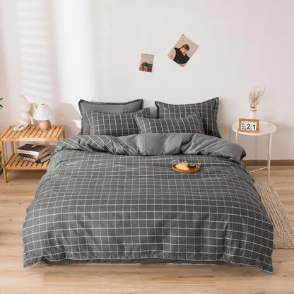 Bonenjoy Queen Size Bedding Set White Color Black Plaid Microfiber Reactive Printed King Size Bed Linen Sets For Bedroom Kit