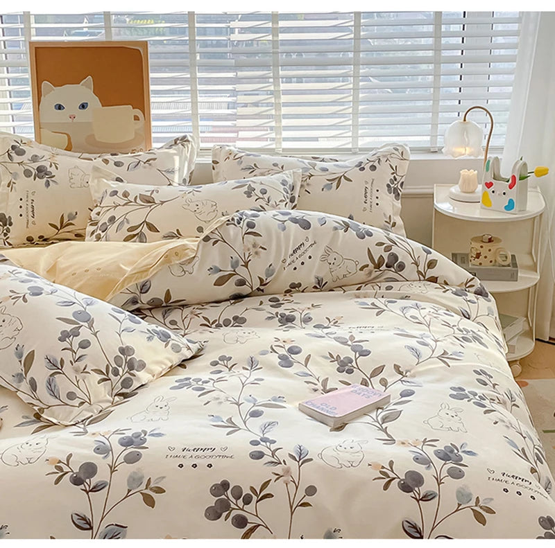 Cute Home Comforter Bedding Sets Washed Cotton Duvet Cover Flat Bed Sheet Set Twin Full Queen King Size Bed For Girls Couple