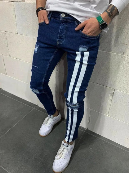 Street Jeans Men stripes Printing Denim Pants Wash Solid Color Casual Mid Waist Trousers Elastic Slim Fit Daily Wear Joggers