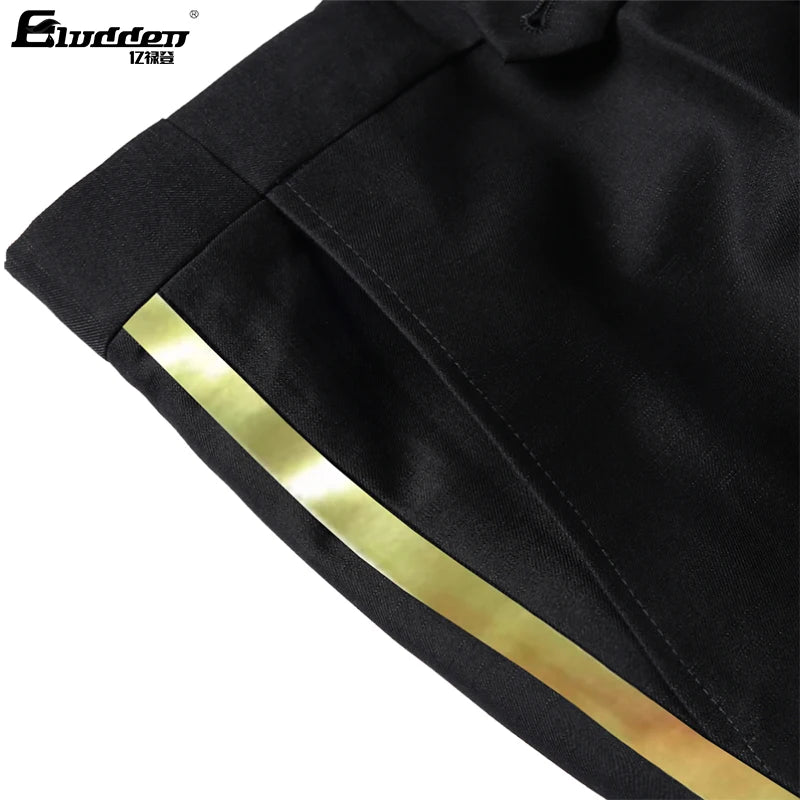 Men's black suit pants Gold leather trim Casual Male Formal Business Office Pants Elastic Straight Formal Trousers Plus big size