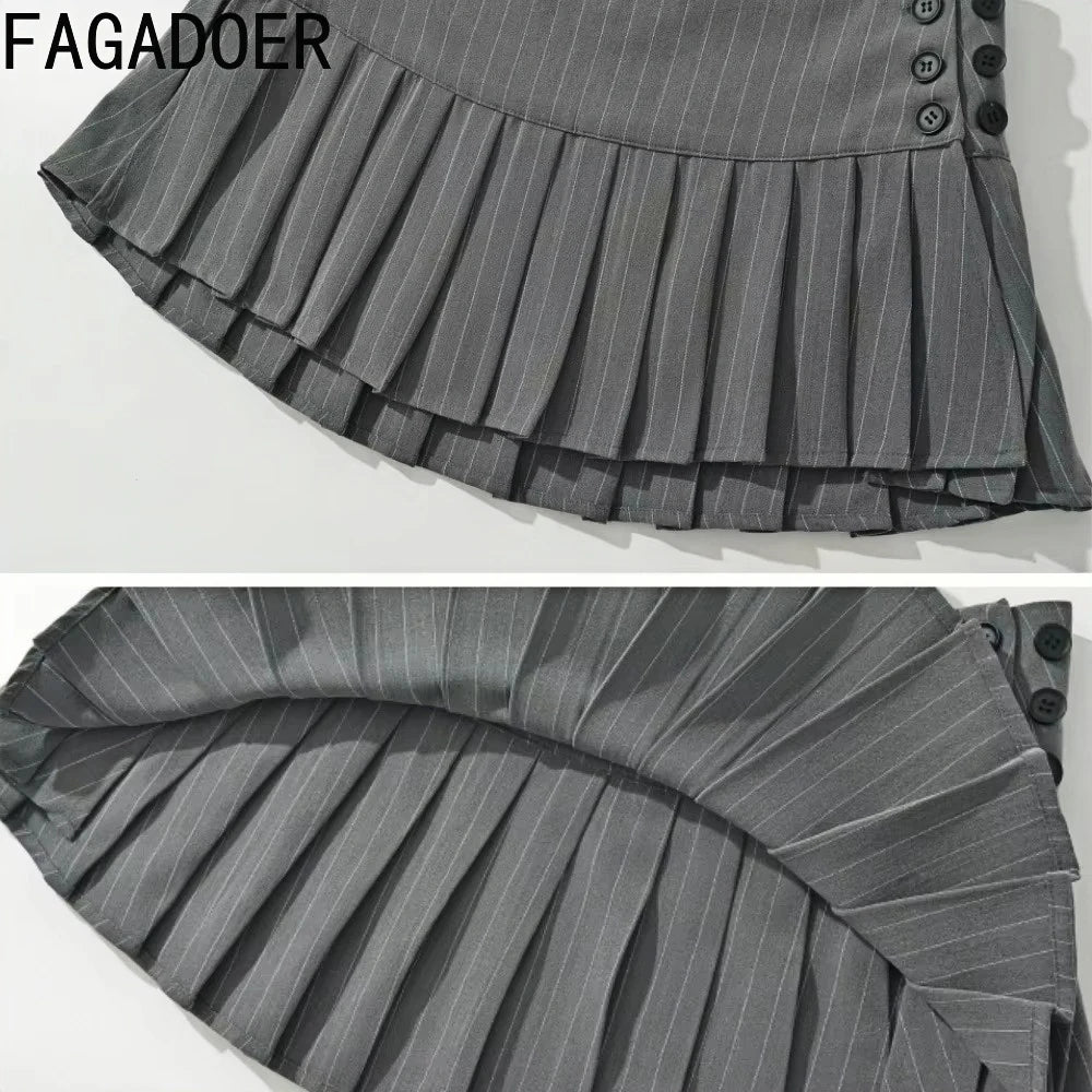 FAGADOER Fashion Two Piece Set For Women Preppy Style Polo-neck Button Stripe Print Patchwork Shirts And Pleated Skirts Suits