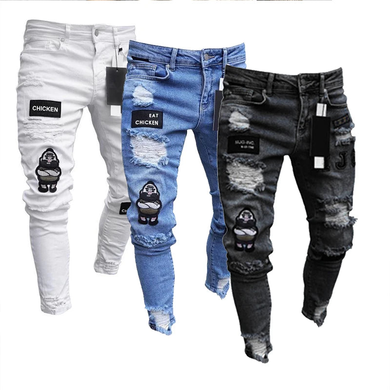 Hip Hop Men's Fashion Embroidered Jeans 2023 Street Club Ripped Denim Pants Classic Blue And White Slim Stretch Pantalon S-4XL