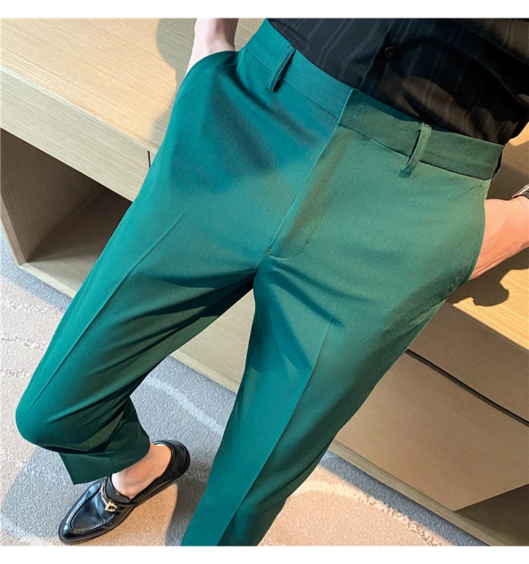 9 Color Summer Fashion Mens Suit Pants Pure Color Business Formal Pants Slim Fit Office Mens Wedding Social Ankle Long Trousers