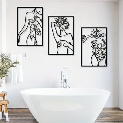 Set of 3 Minimalist Abstract Woman Wall Art Metal Line Drawings for Home Decor Elegant Accents for Bedroom Kitchen, & Bathroom